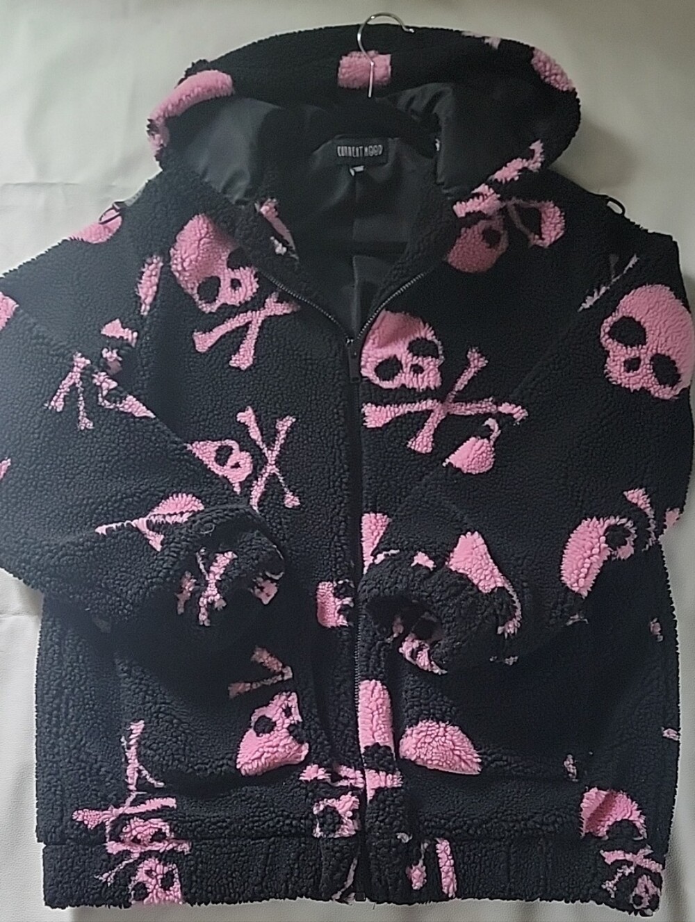 Current Mood Black Sherpa Hoodie with Pink Skull Print